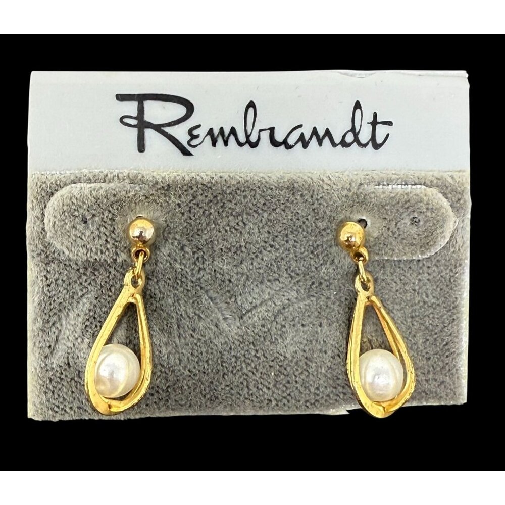 Vintage Rembrandt Gold Tone Faux Pearl Drop Earrings Dainty Classic Hanging